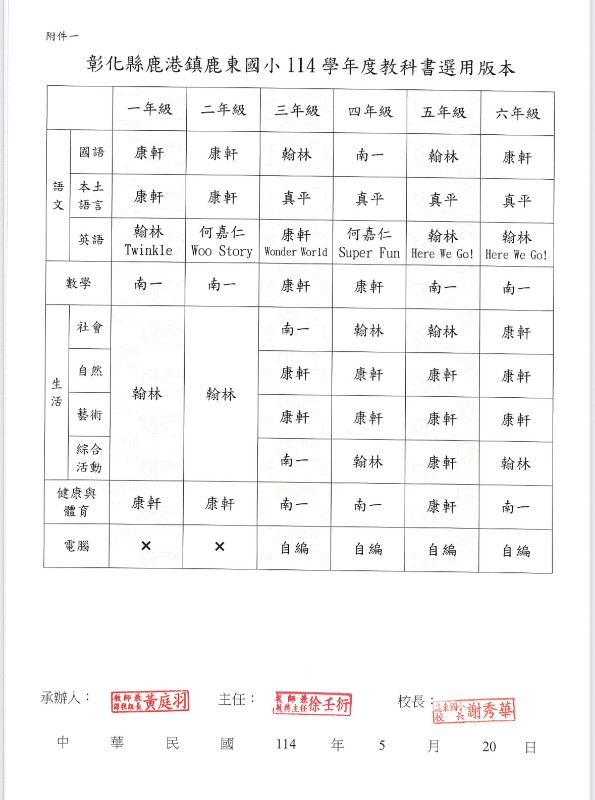 鹿東國小114學年度教科書版本